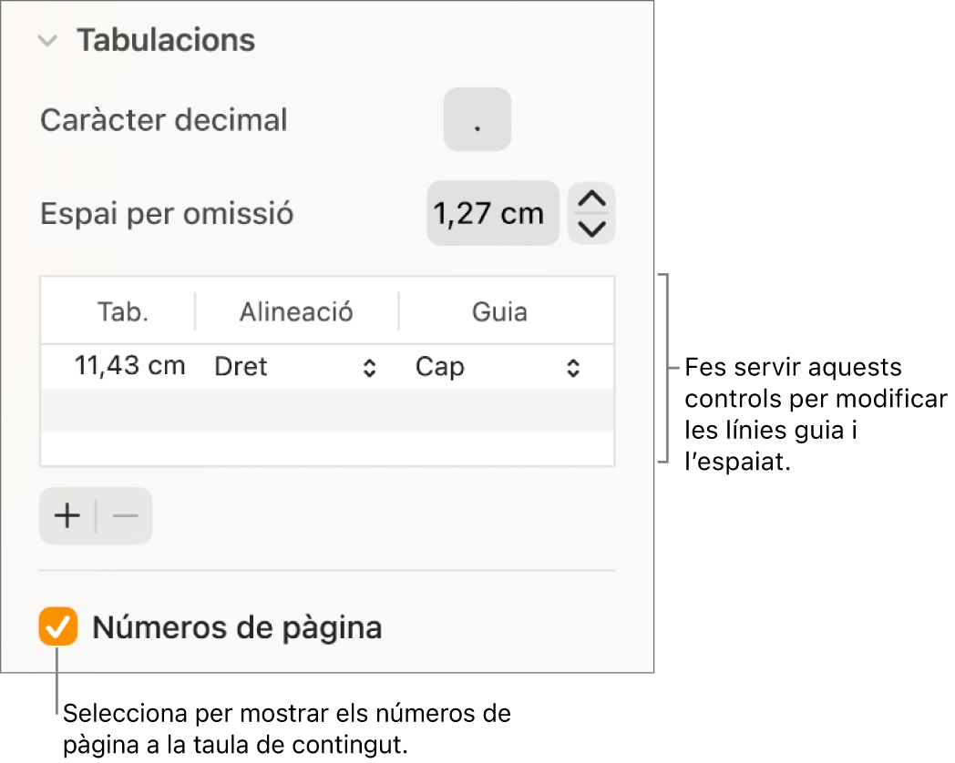 La secció Pestanyes de la barra lateral Format. A sota d’“Espai per omissió” hi ha una taula amb les columnes Tabuladors, Alineació i Guia. A sota de la taula apareix la casella de selecció “Números de pàgina” seleccionada.