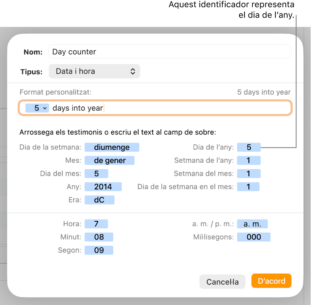 La finestra de format de cel·la personalitzat, amb controls per seleccionar un format personalitzat de data i hora.
