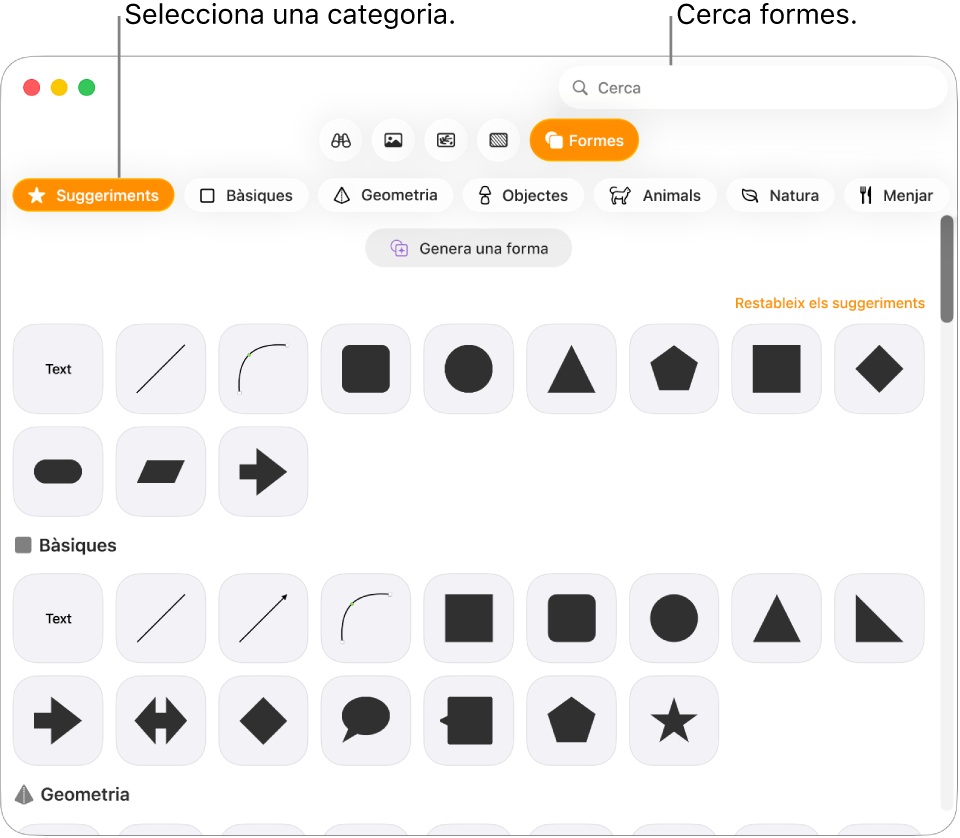 La biblioteca de formes, amb categories a l’esquerra i les formes a la dreta. Pots utilitzar el camp de cerca situat a la part superior per trobar formes i desplaçar‑te per veure’n més.