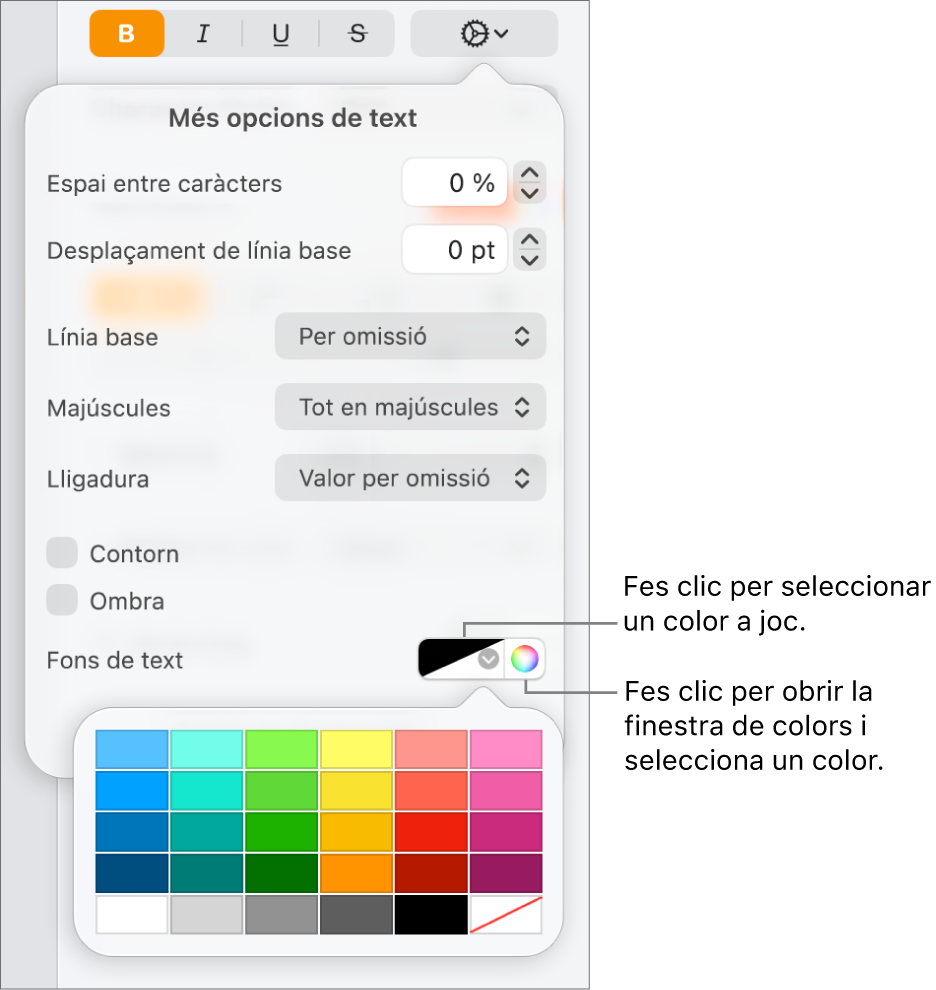 Controls per seleccionar un color de fons per al text.