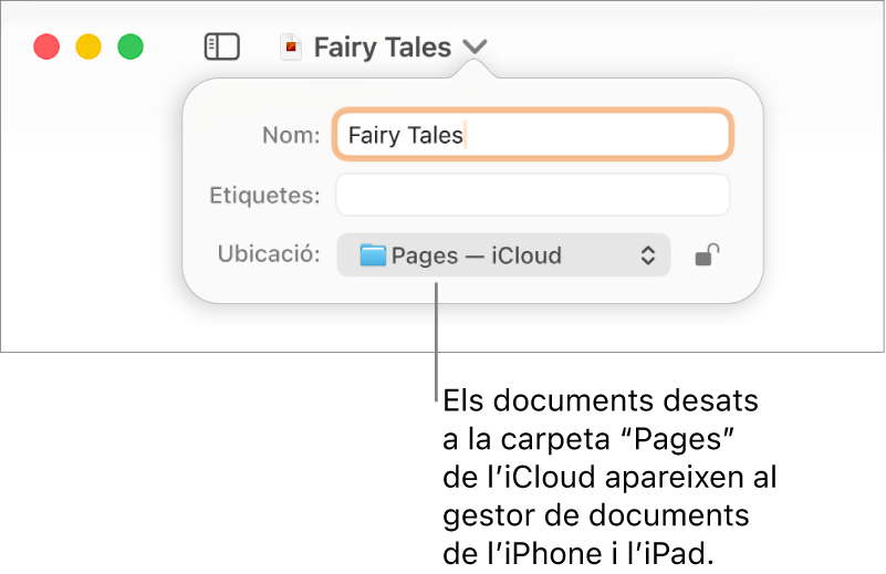 El quadre de diàleg “Desa” per a un document, amb “Pages - iCloud” al menú desplegable Ubicació.