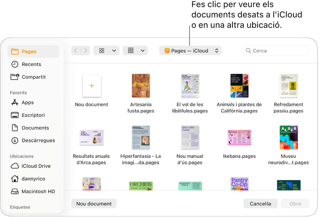 El quadre de diàleg “Obre”, amb la barra lateral oberta a l’esquerra i l’iCloud Drive seleccionat al menú desplegable de la part superior. La carpeta del Pages apareix al quadre de diàleg, amb un nou botó “Nou document”.