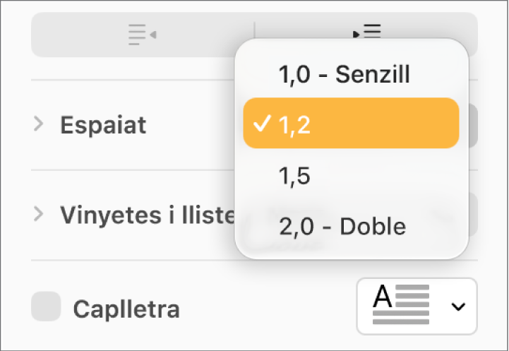 El menú desplegable Espaiat, amb les opcions Senzill, Doble i altres.
