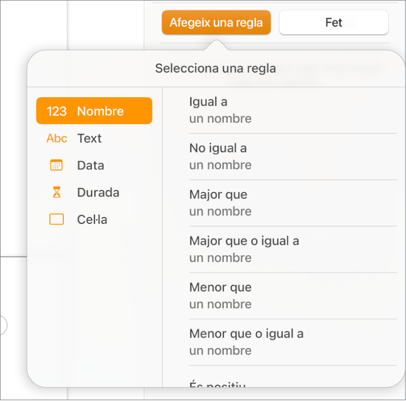 Botons per crear regles de ressaltat condicional de cel·la.