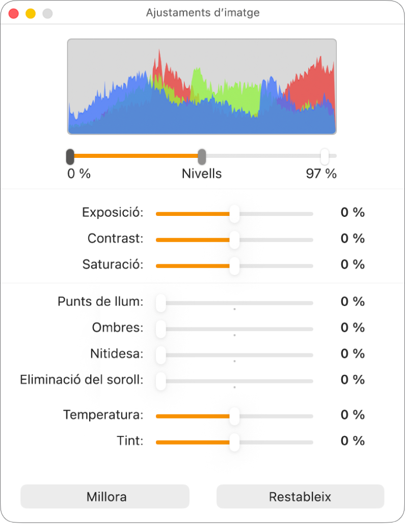 La finestra “Ajusta la imatge”, amb reguladors per definir l’exposició, el contrast, la saturació, els ressaltats, les ombres, la nitidesa, l’eliminació de soroll, la temperatura i el tint.