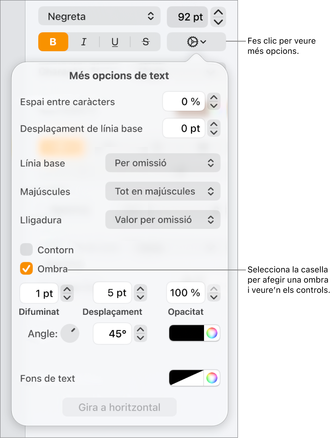 Menú “Opcions avançades” obert amb la casella Ombres marcada i controls per ajustar-ne el difuminat, el desplaçament, l’opacitat, l’angle i el color.