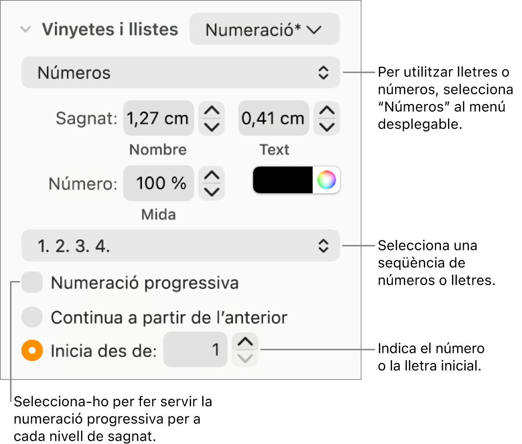 Controls per canviar l’estil dels números i l’espaiat d’una llista.