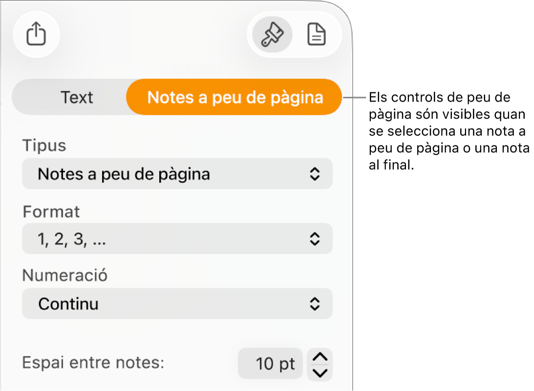 El tauler “Notes a peu de pàgina”, que mostra els menús desplegables Tipus, Format i Numeració i l’espai entre les notes.