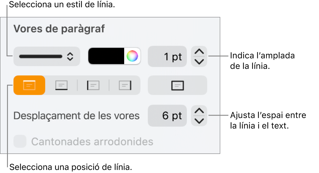 Controls per canviar l’estil, el gruix, la posició i el color de la línia.