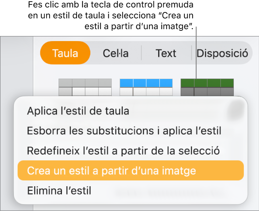 El menú de dreceres “Estil de taula”.