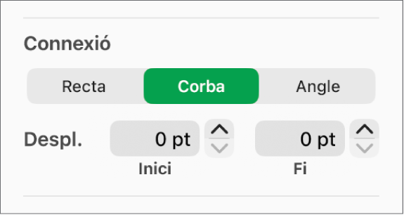 Els controls Connexió amb l’opció Corba seleccionada.