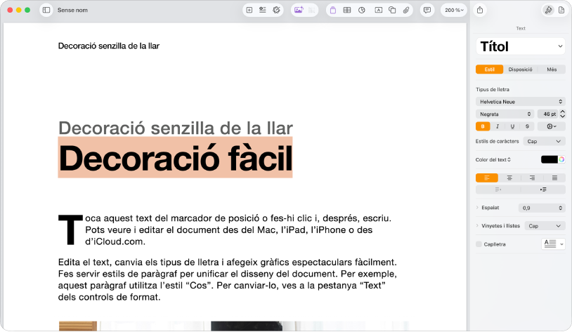 Document obert amb la barra lateral de format oberta i la pestanya de text seleccionada.