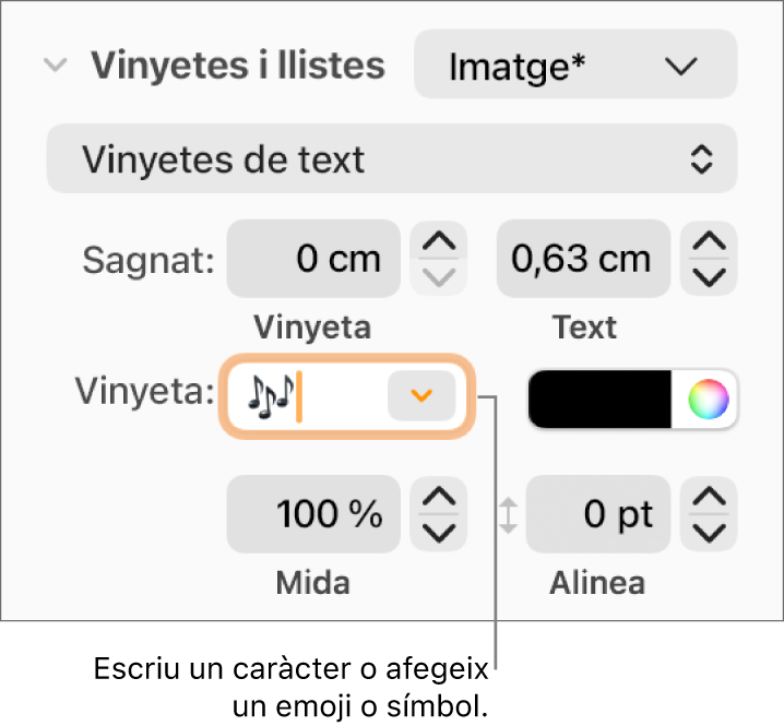 La secció “Vinyetes i llistes” de la barra lateral Format. El camp Vinyeta amb un emoji de flor.
