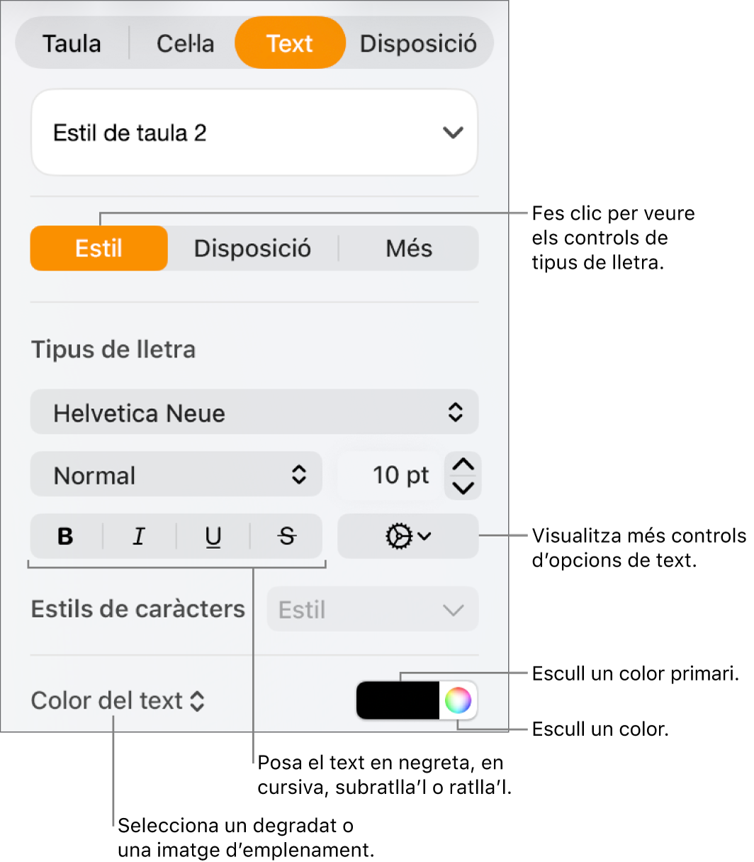 Els controls per aplicar un estil al text d’una taula.