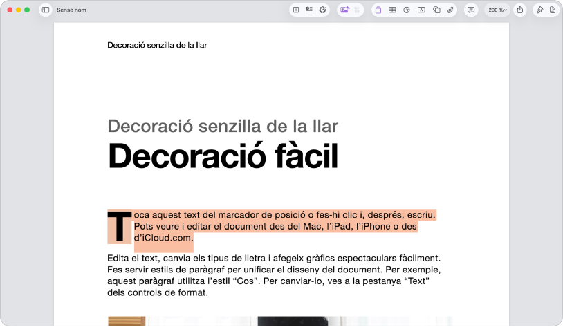 En un document obert amb el text del marcador de posició de la plantilla seleccionat.