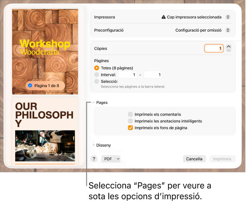 El quadre de diàleg “Imprimeix” en què es mostren els controls d’impressora, preconfiguració, còpies i interval de pàgines. L’opció Pages apareix marcada al menú desplegable a sota de la configuració de l’interval de pàgines i, tot seguit, es mostren les caselles de selecció per imprimir els comentaris, imprimir les anotacions intel·ligents i imprimir el fons de pàgina.