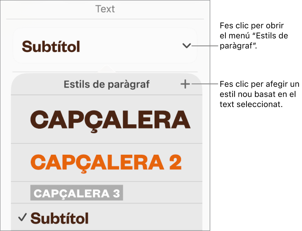 El menú “Estils de paràgraf” amb els controls per afegir o canviar un estil.