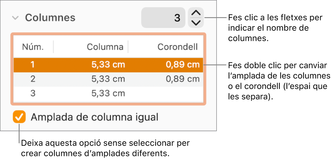 Tauler Disposició de l’inspector de format, amb els controls de les columnes.