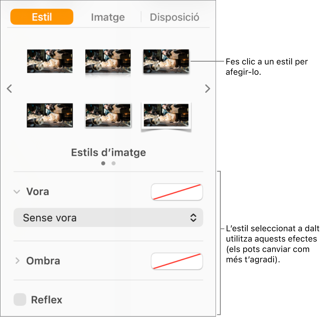La pestanya Estil de la barra lateral Format, que mostra opcions d’estil d’objecte.