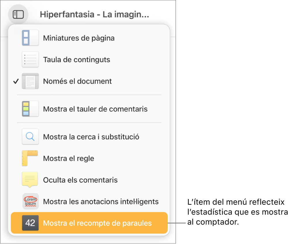 El menú “Mostra” amb l’opció “Mostra el recompte de caràcters” cap a la part inferior.