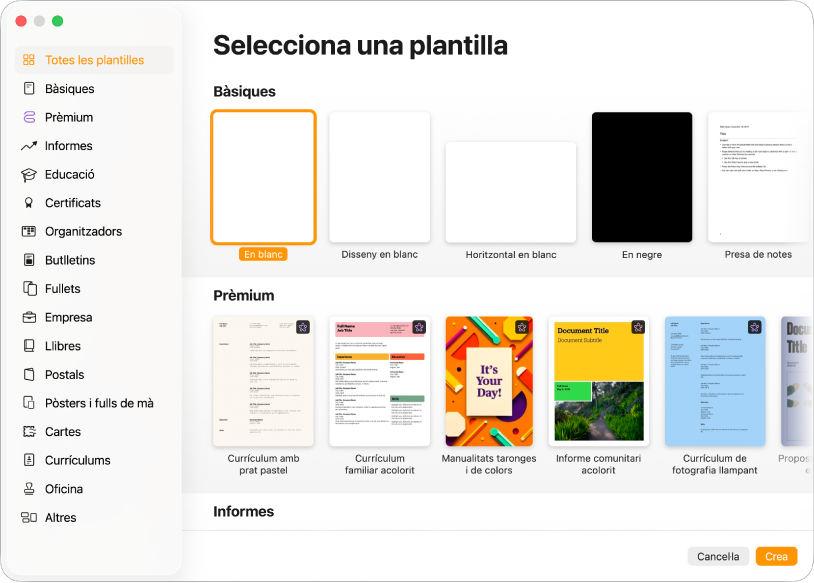 El selector de plantilles. Barra lateral a l’esquerra que mostra la llista de categories de plantilles que pots clicar per filtrar opcions. A la dreta es mostren miniatures de plantilles predissenyades ordenades en files per categoria. Els botons “Cancel·la” i “Crea” es troben a l’angle inferior dret.