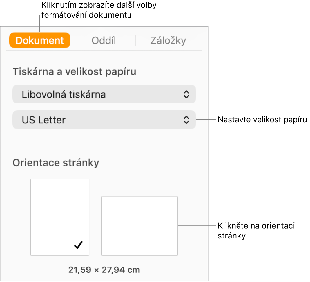 Boční panel Dokument; nahoře na panelu je vybraná karta Dokument. Na bočním panelu se nachází místní nabídka pro nastavení velikosti papíru a tlačítka pro orientaci stránky na výšku a na šířku
