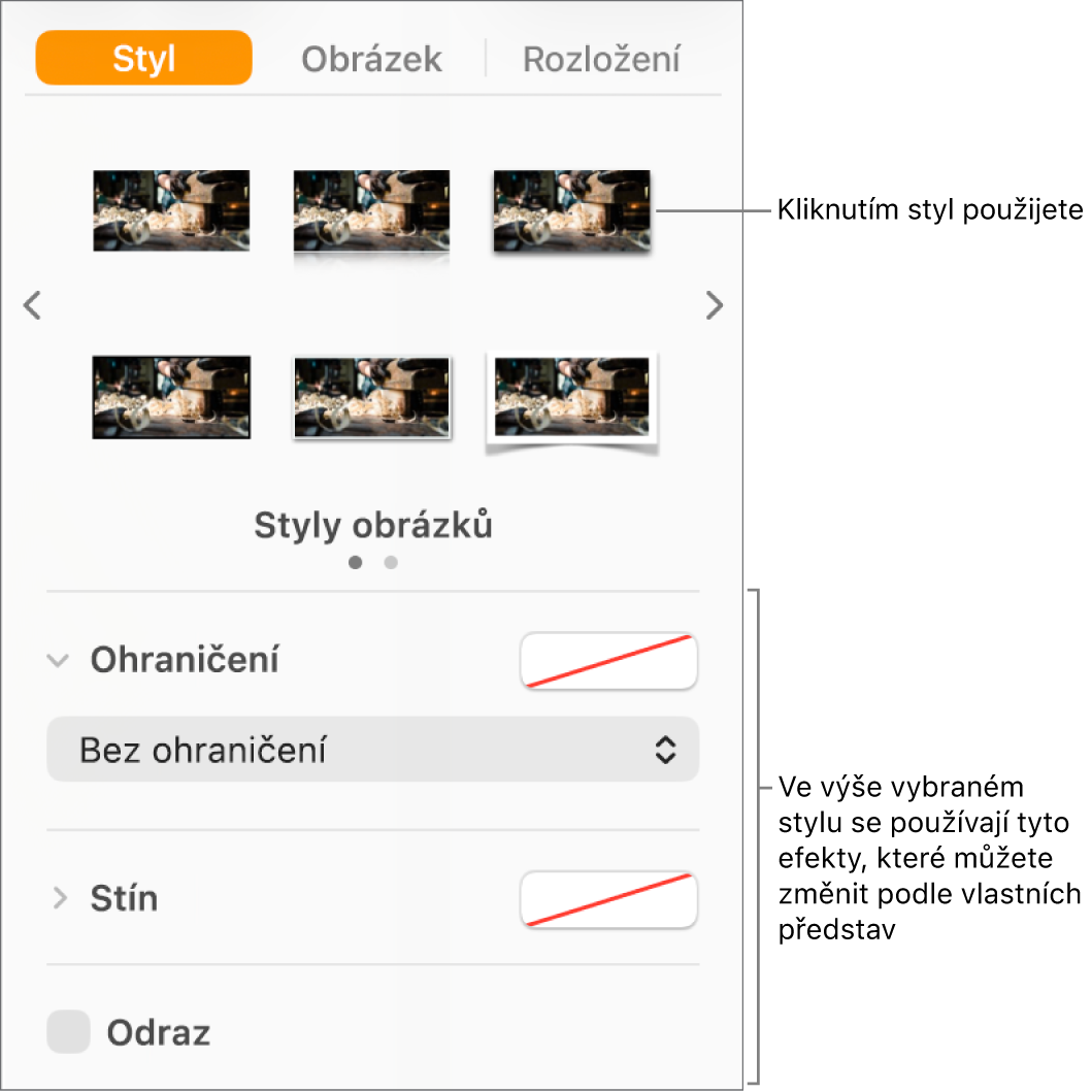 Karta Styl bočního panelu Formát s možnostmi pro nastavení stylu objektů