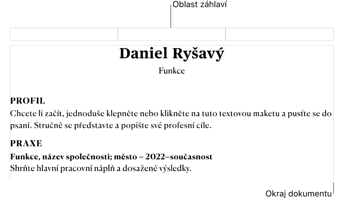 Zobrazení uspořádání s oblastí záhlaví a okraji dokumentu