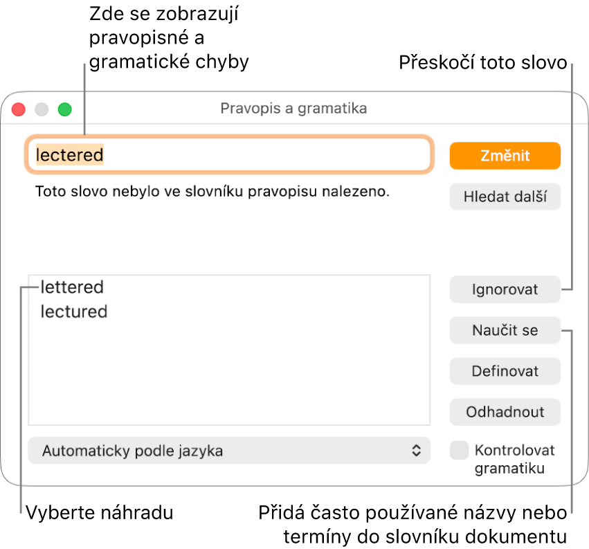 Okno Pravopis a gramatika