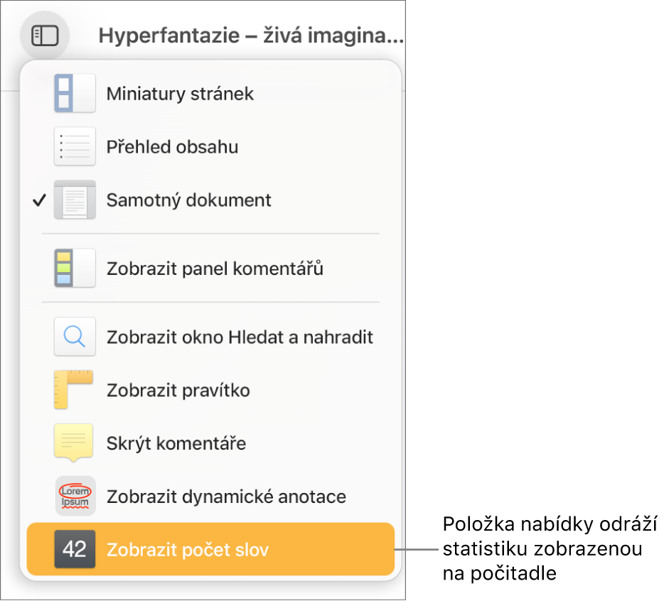 Nabídka Zobrazení; dole v seznamu je vidět položka Zobrazit počet znaků