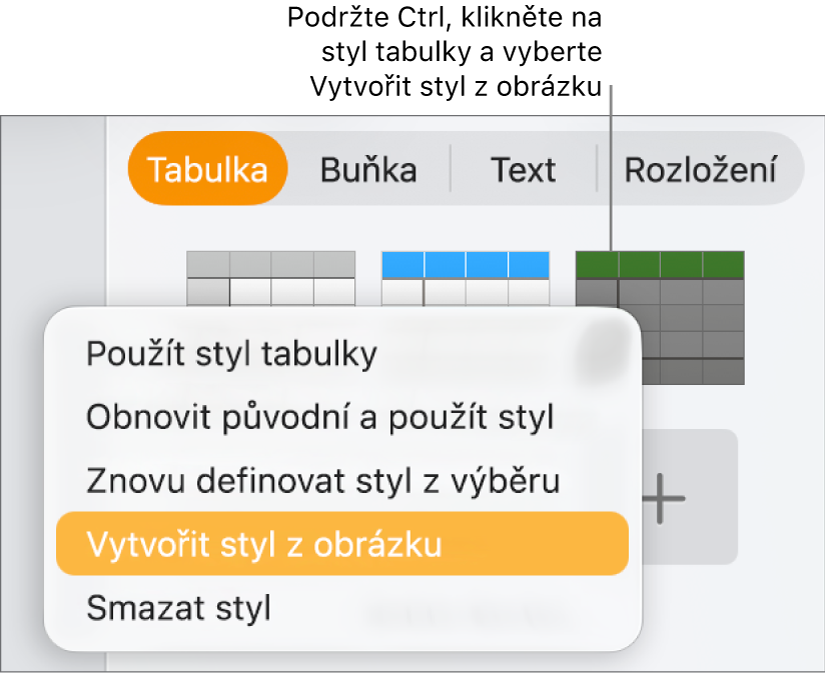 Nabídka zkratek pro styl tabulky