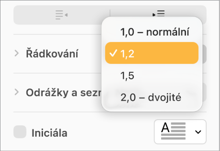 Místní nabídka Řádkování s volbami pro jednoduché a dvojité rozestupy a dalšími volbami