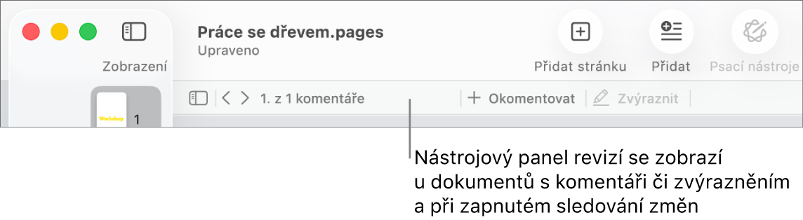 Panel nástrojů Pages podél horního okraje obrazovky s tlačítky Zobrazení, Velikost, Přidat stránku, Přidat, Tabulka, Graf, Text, Tvar, Média a Komentář. Pod panelem nástrojů Pages se nachází panel nástrojů kontroly s tlačítkem pro zobrazení a skrytí komentářů, šipkami pro přechod na předchozí či následující komentář, celkový počet komentářů a tlačítka pro přidání nebo zvýraznění komentáře.