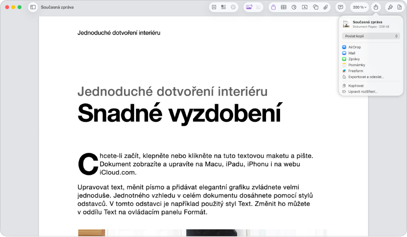 Otevřený dokument s otevřenou nabídkou Sdílet