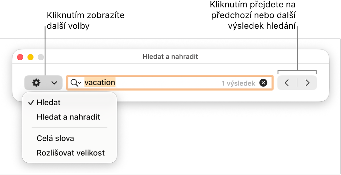 Okno Hledat a nahradit s místní nabídkou obsahující volby Hledat, Hledat a nahradit, Celá slova a Rozlišovat velikost. Pomocí šipek na pravé straně můžete přejít na předchozí nebo následující výsledek hledání.