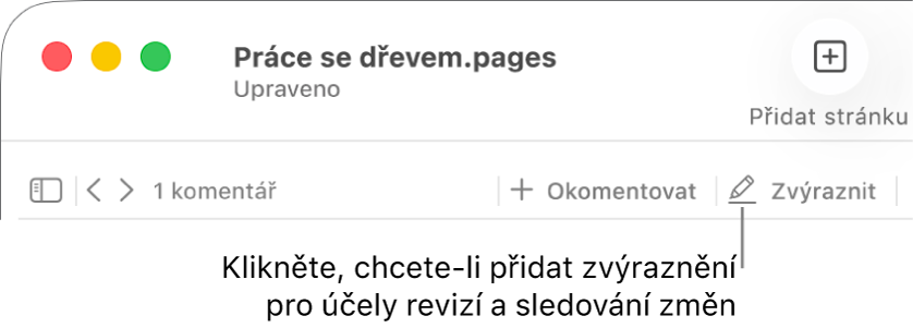 Řádek nabídek s nabídkou Přidat a pod ní panel nástrojů Pages se zobrazenými nástroji pro kontrolu a popiskem u tlačítka Zvýraznit