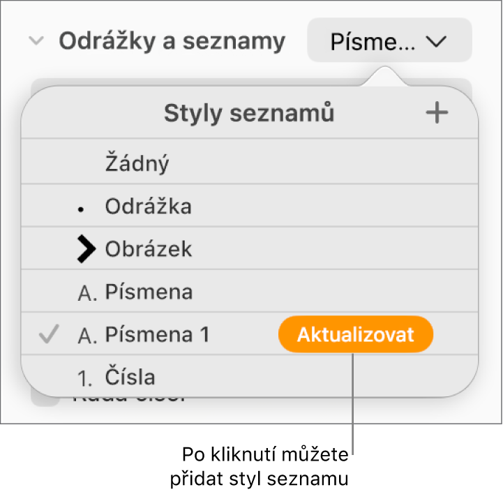 Místní nabídka Styly seznamů s tlačítkem Aktualizovat u názvu nového stylu