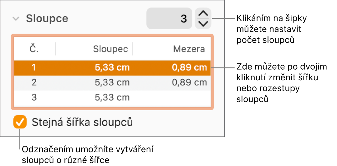 Panel Uspořádání v Inspektoru formátu s ovládacími prvky pro sloupce