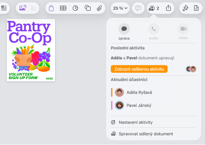 Nabídka spolupráce se zobrazenými jmény uživatelů, kteří na dokumentu spolupracují;