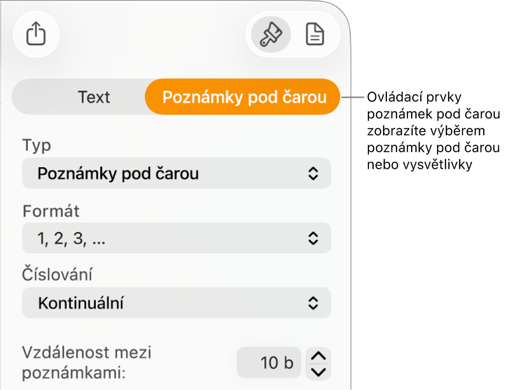 Panel poznámek pod čarou s místními nabídkami Typ, Formát, Číslování a mezerami mezi poznámkami