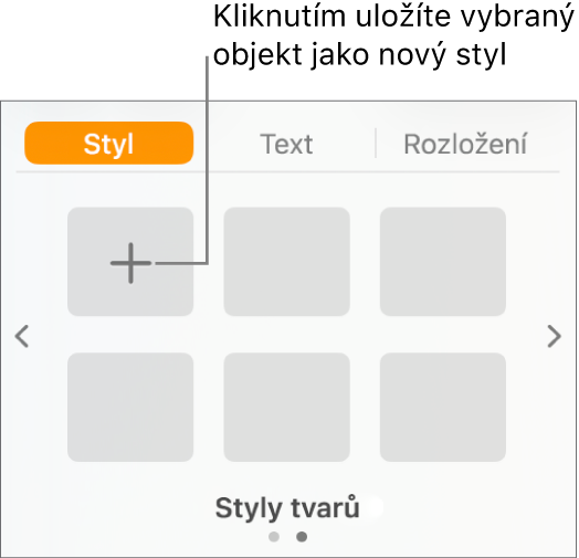 Panel Styl na bočním panelu Formát s tlačítkem Vytvořit styl v levém horním rohu a pěti prázdnými maketami stylu