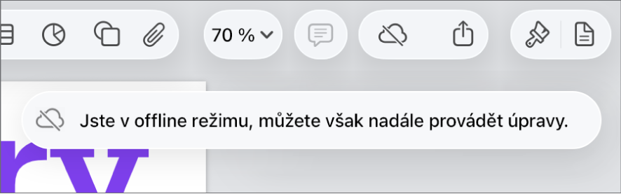 Tlačítka u horního okraje obrazovky, mezi nimiž je tlačítko Spolupráce změněné na ikonu mraku přeškrtnutého diagonální linkou. Na obrazovce se zobrazí upozornění „Jste v offline režimu, můžete však nadále provádět úpravy.“