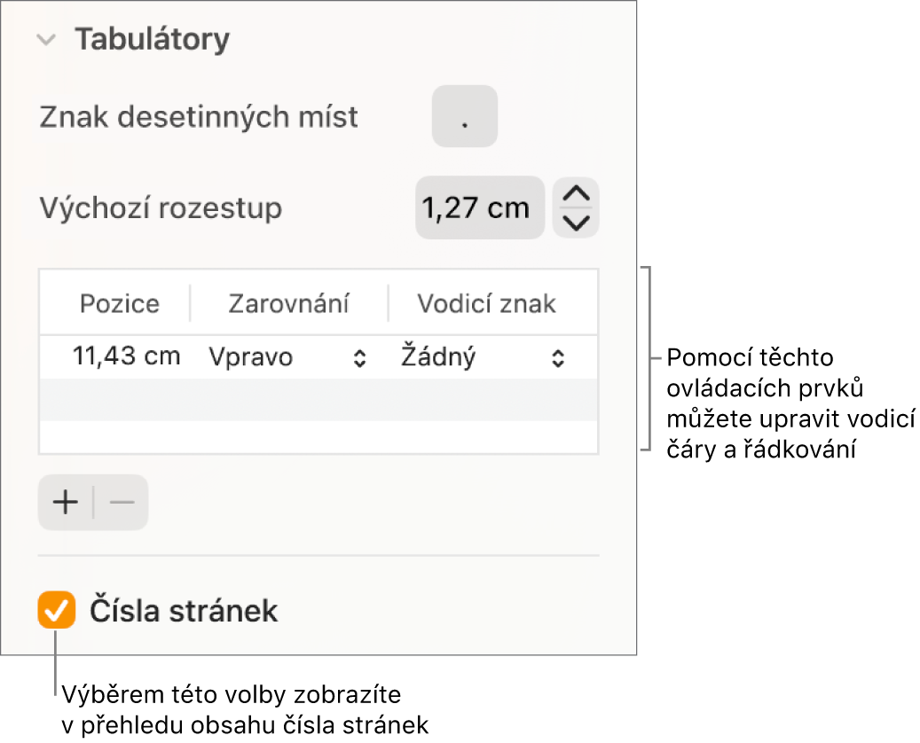 Oddíl Tabulátory na bočním panelu Formát. Pod položkou Výchozí rozestup je vidět tabulka se sloupci Pozice, Zarovnání a Vodicí znak. Pod tabulkou je zobrazeno zaškrtávací políčko Čísla stránek, které je zaškrtnuté