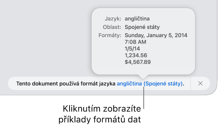 Upozornění na odlišné nastavení jazyka a oblasti s ukázkami formátování pro daný jazyk a oblast
