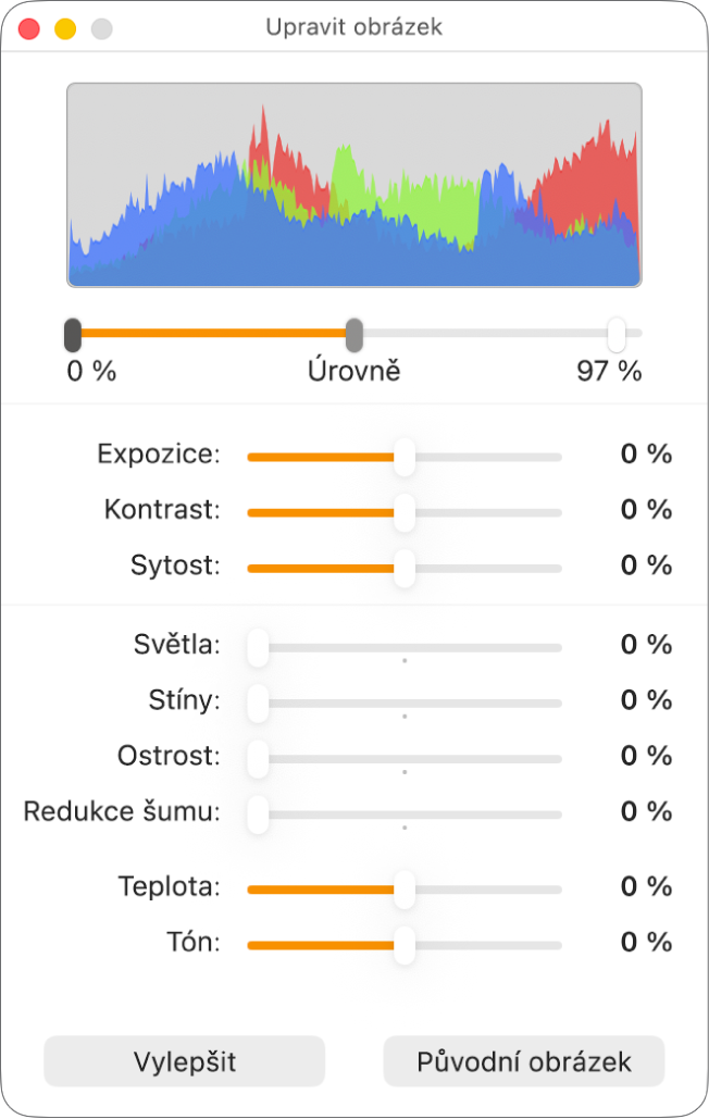 Okno Upravit obrázek s jezdci umožňujícími nastavit expozici, kontrast, sytost, světlá místa, stíny, ostrost, úroveň šumu, teplotu nebo tónování