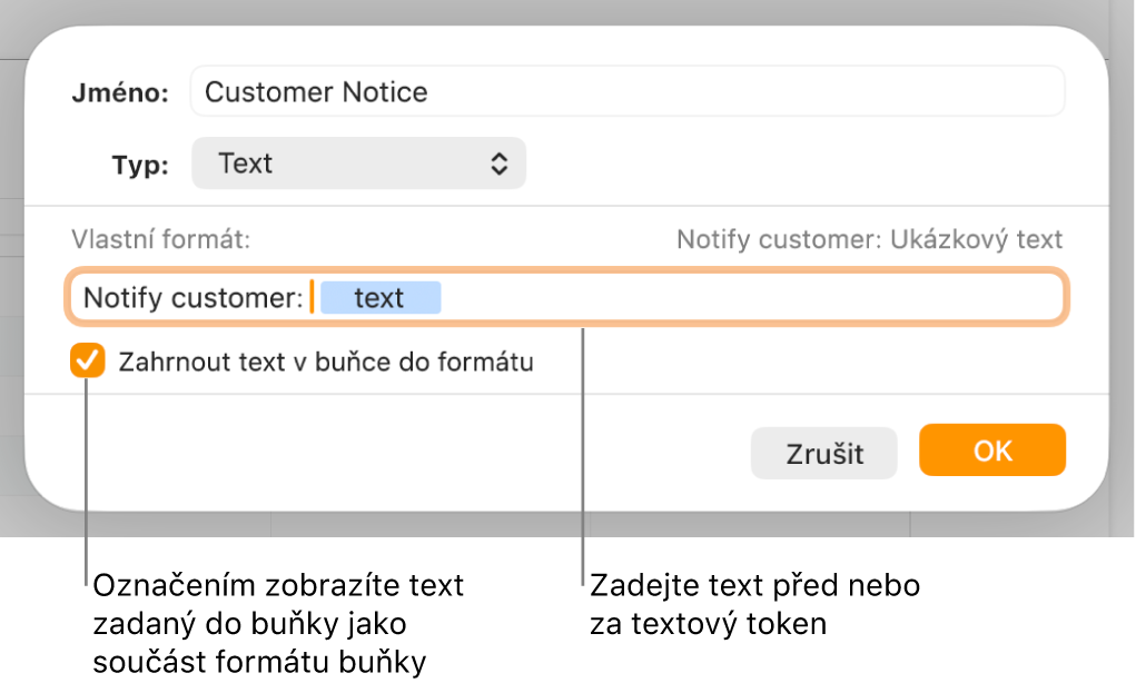 Okno vlastního formátu buněk s ovládacími prvky pro výběr vlastního formátu textu