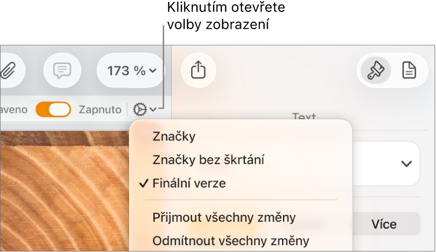 Nabídka s volbami kontroly: Značky, Značky bez škrtání a Finální