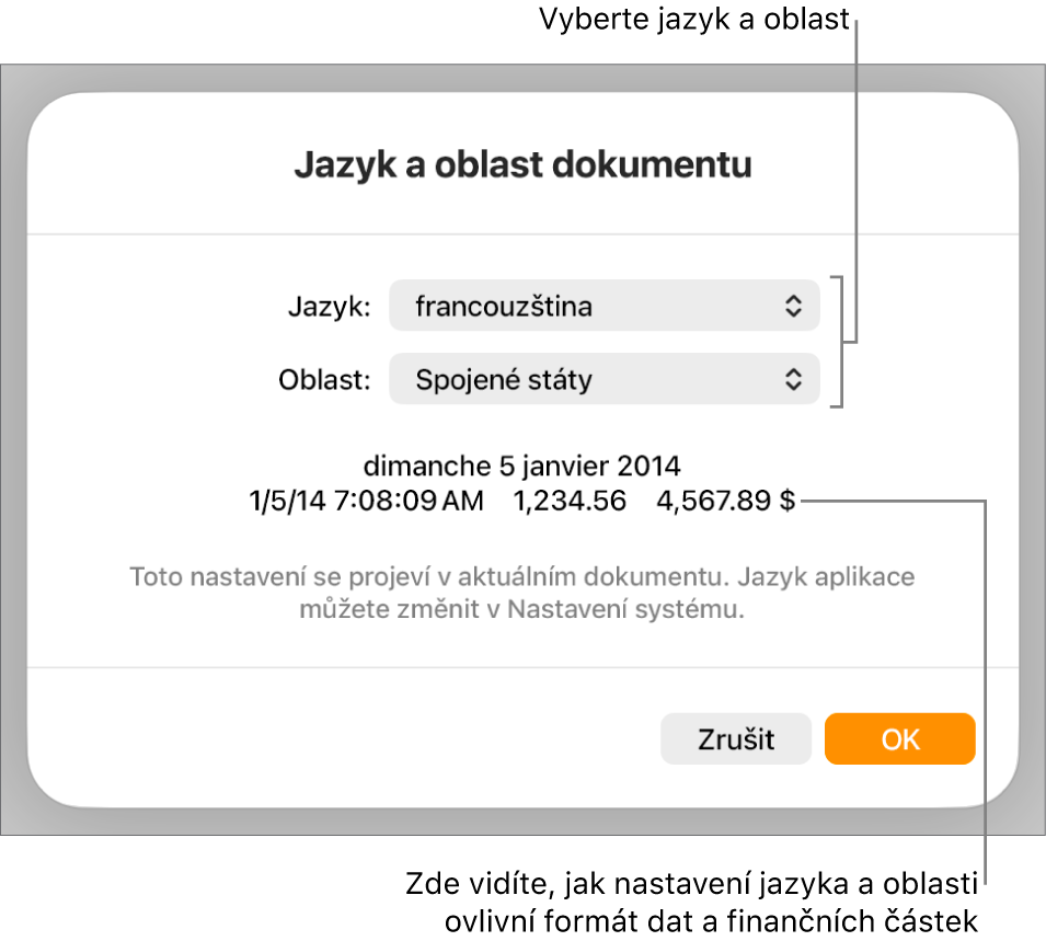 Panel Jazyk a oblast obsahující ovládací prvky pro jazyk a oblast a ukázku formátu, včetně data, času, desetinného oddělovače a měny.