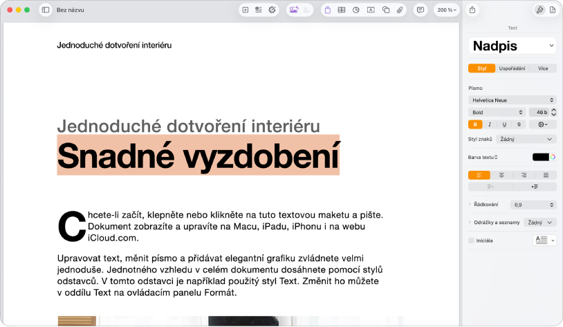 Otevřený dokument s otevřeným bočním panelem formátu a vybraným panelem textu