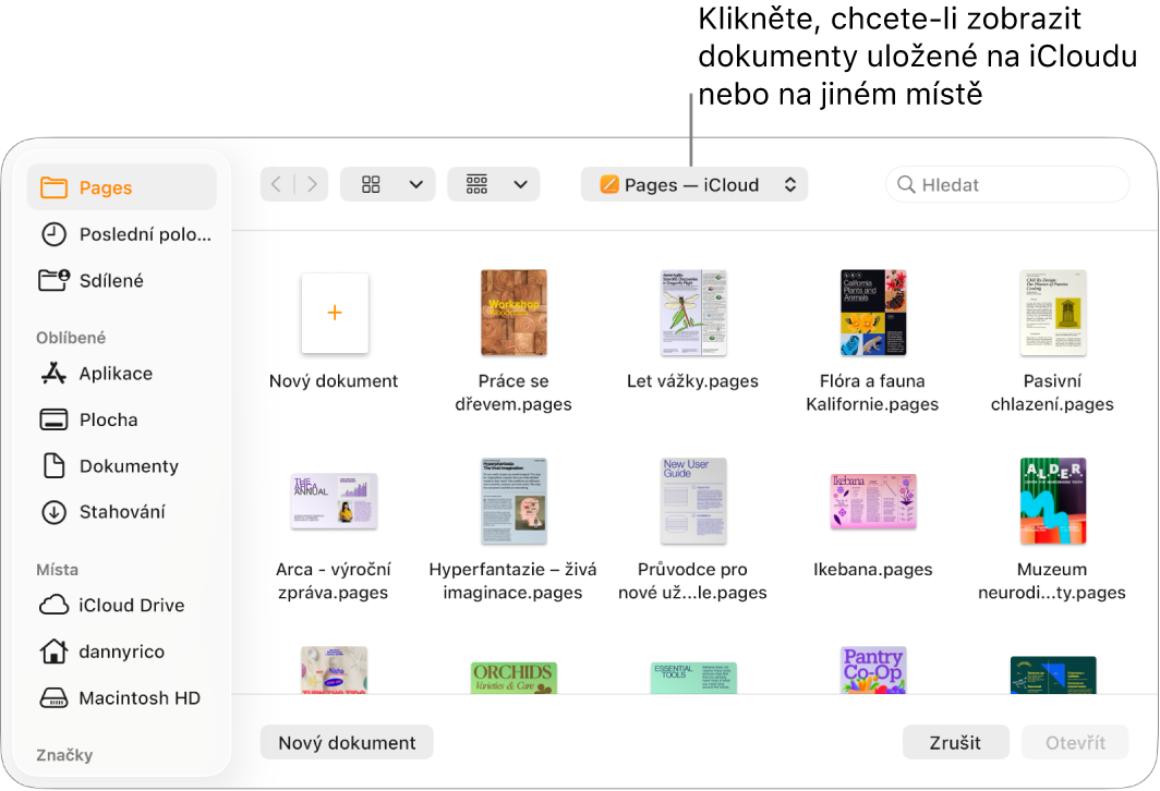 Dialogové okno Otevřít s otevřeným bočním panelem vlevo a iCloud Drivem vybraným v horní místní nabídce. V dialogovém okně je vidět složka Pages spolu s tlačítkem Nový dokument.